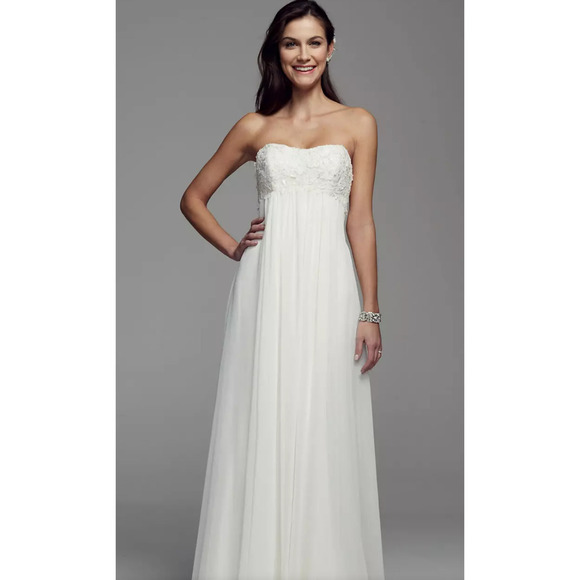 NWT David's Bridal Ivory Empire Crinkle Chiffon Gown with Lace Applique Size 10 - Picture 9 of 13